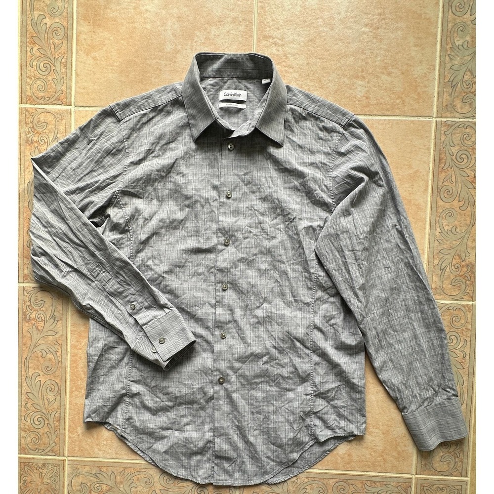 Calvin Klein‎ slim fit stretch Blue Gray  plaid Men size 15.1/2 -32/33